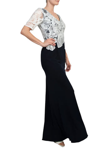 Adrianna Papell V-Neck Sort Sleeve Embroidered Bodice Zipper Back Column Stretch Crepe Dress