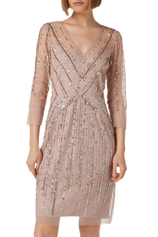 Adrianna Papell V-Neck 3/4 Sleeves Sequined Lace Trim Zipper Back Mesh Dress Adrianna Papell V-Neck 3/4 Sleeves Sequined Lace Trim Zipper Back Mesh Dress
