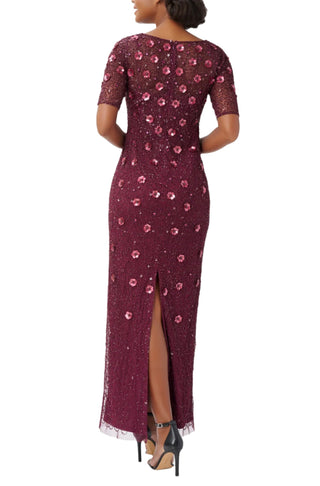 Adrianna Papell Boat Neck Short Sleeves Back Zipper Long Beaded Dress - CASSIS - Back 