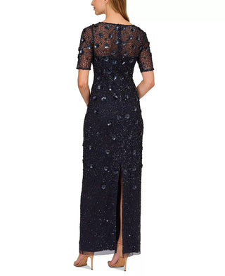 Adrianna Papell Boat Neck Short Sleeves Back Zipper Long Beaded Dress - DUSTY NAVY - Back 