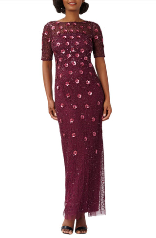 Adrianna Papell Boat Neck Short Sleeves Back Zipper Long Beaded Dress - CASSIS - Front 