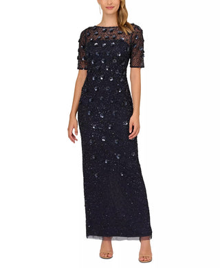 Adrianna Papell Boat Neck Short Sleeves Back Zipper Long Beaded Dress - DUSTY NAVY - Front 