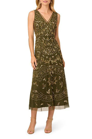 Adrianna Papell V-Neckline V-Back Sleeveless Zipper Closure Beaded Overlay A-Line Midi Dress