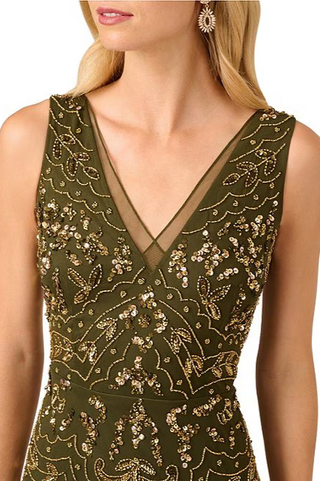 Adrianna Papell V-Neckline V-Back Sleeveless Zipper Closure Beaded Overlay A-Line Midi Dress