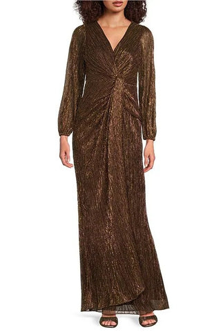 Adrianna Papell Metallic V-Neckline Long Sleeves Waist Twist Bodice Ruched Gown Dress