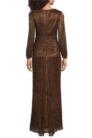 Adrianna Papell Metallic V-Neckline Long Sleeves Waist Twist Bodice Ruched Gown Dress