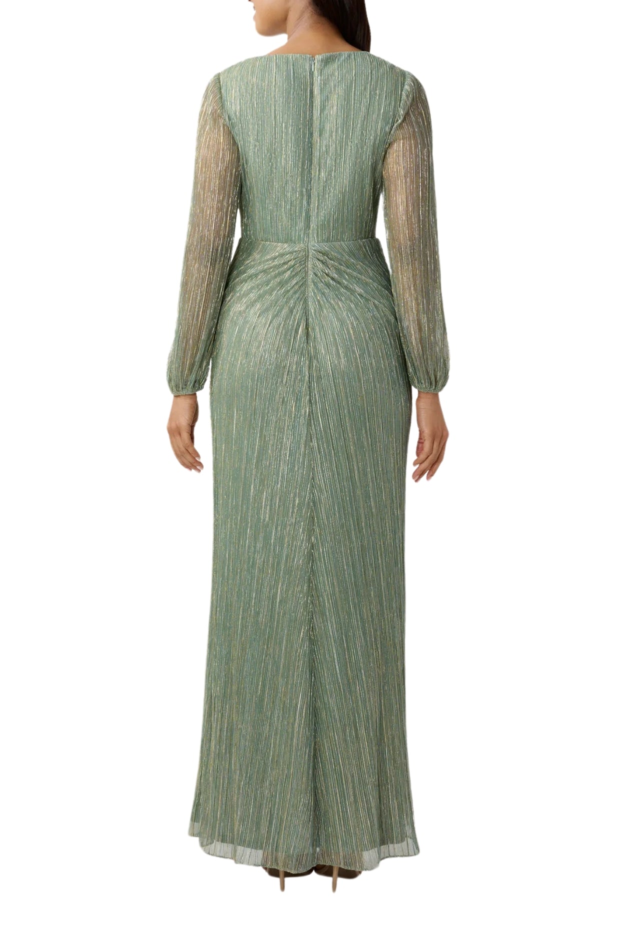 Adrianna Papell Metallic V-Neckline Long Sleeves Waist Twist Bodice Ruched Gown Dress | Available at Curated Brands in Los Angeles Adrianna Papell Metallic V-Neckline Long Sleeves Waist Twist Bodice Ruched Gown Dress | Available at Curated Brands in Los Angeles