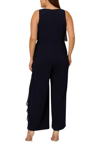 Adrianna Papell Chiffon Crepe Wide Leg Boat Neck Jumpsuit ( Plus Size ) - Midnight -  Back