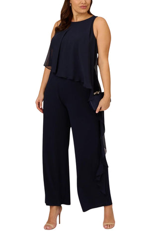 Adrianna Papell Chiffon Crepe Wide Leg Boat Neck Jumpsuit ( Plus Size ) - Midnight -  Front