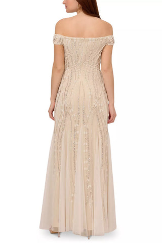 Adrianna Papell off the shoulder beaded mesh gown