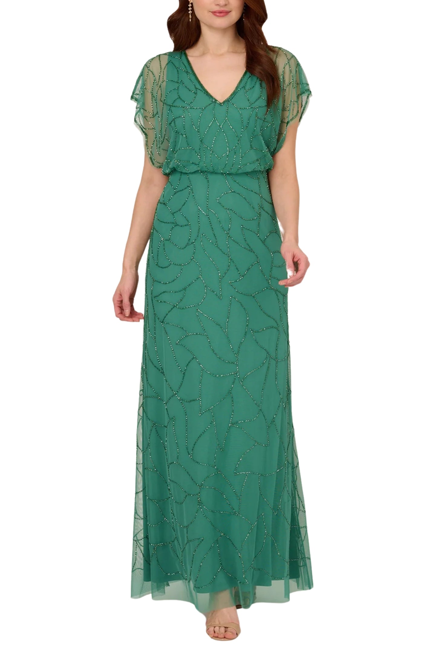 Adrianna Papell V-Neck Beaded Blouson Mermaid Gown with Short Sleeves (Plus Size) | Available at Curated Brands in Los Angeles Adrianna Papell V-Neck Beaded Blouson Mermaid Gown with Short Sleeves (Plus Size) | Available at Curated Brands in Los Angeles