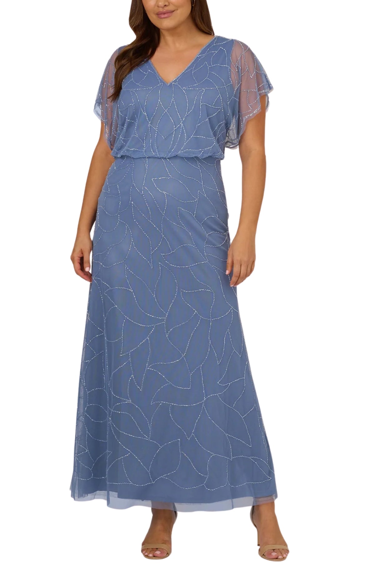 Adrianna Papell V-Neck Dolman Sleeves Blouson Zipper Closure Beaded Mesh Gown | Available at Curated Brands in Los Angeles Adrianna Papell V-Neck Dolman Sleeves Blouson Zipper Closure Beaded Mesh Gown | Available at Curated Brands in Los Angeles