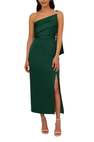 Adrianna Papell Asymmetrical Neck One Shoulder Pleated Bodice Metal Ring Accent Slit Side Satin Crepe Gown