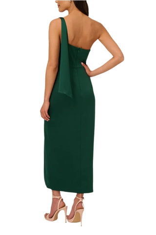 Adrianna Papell Asymmetrical Neck One Shoulder Pleated Bodice Metal Ring Accent Slit Side Satin Crepe Gown