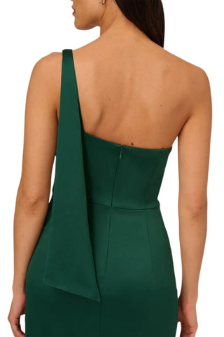 Adrianna Papell Asymmetrical Neck One Shoulder Pleated Bodice Metal Ring Accent Slit Side Satin Crepe Gown