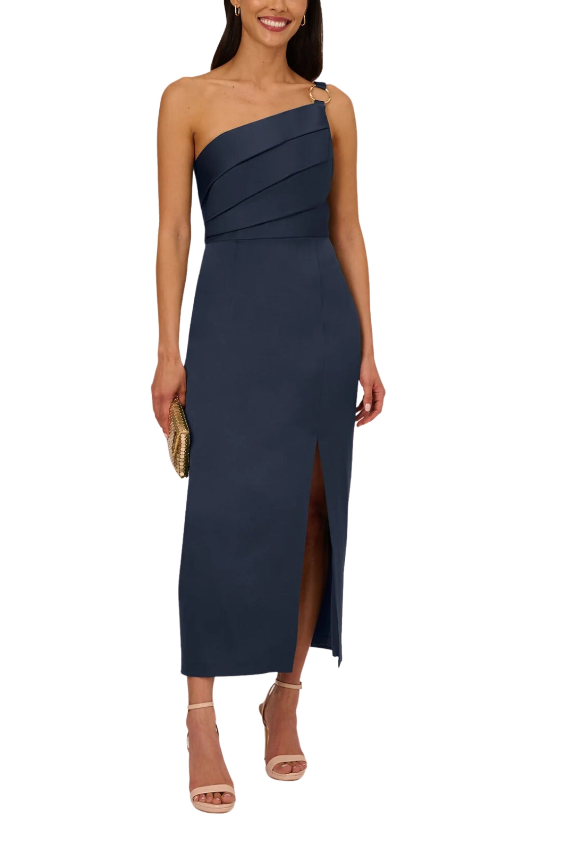 Adrianna Papell Asymmetrical Neck One Shoulder Pleated Bodice Metal Ring Accent Slit Side Satin Crepe Gown Adrianna Papell Asymmetrical Neck One Shoulder Pleated Bodice Metal Ring Accent Slit Side Satin Crepe Gown