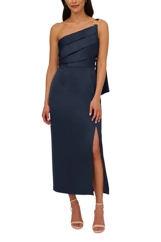 Adrianna Papell Asymmetrical Neck One Shoulder Pleated Bodice Metal Ring Accent Slit Side Satin Crepe Gown - DARK NAVY - Front View