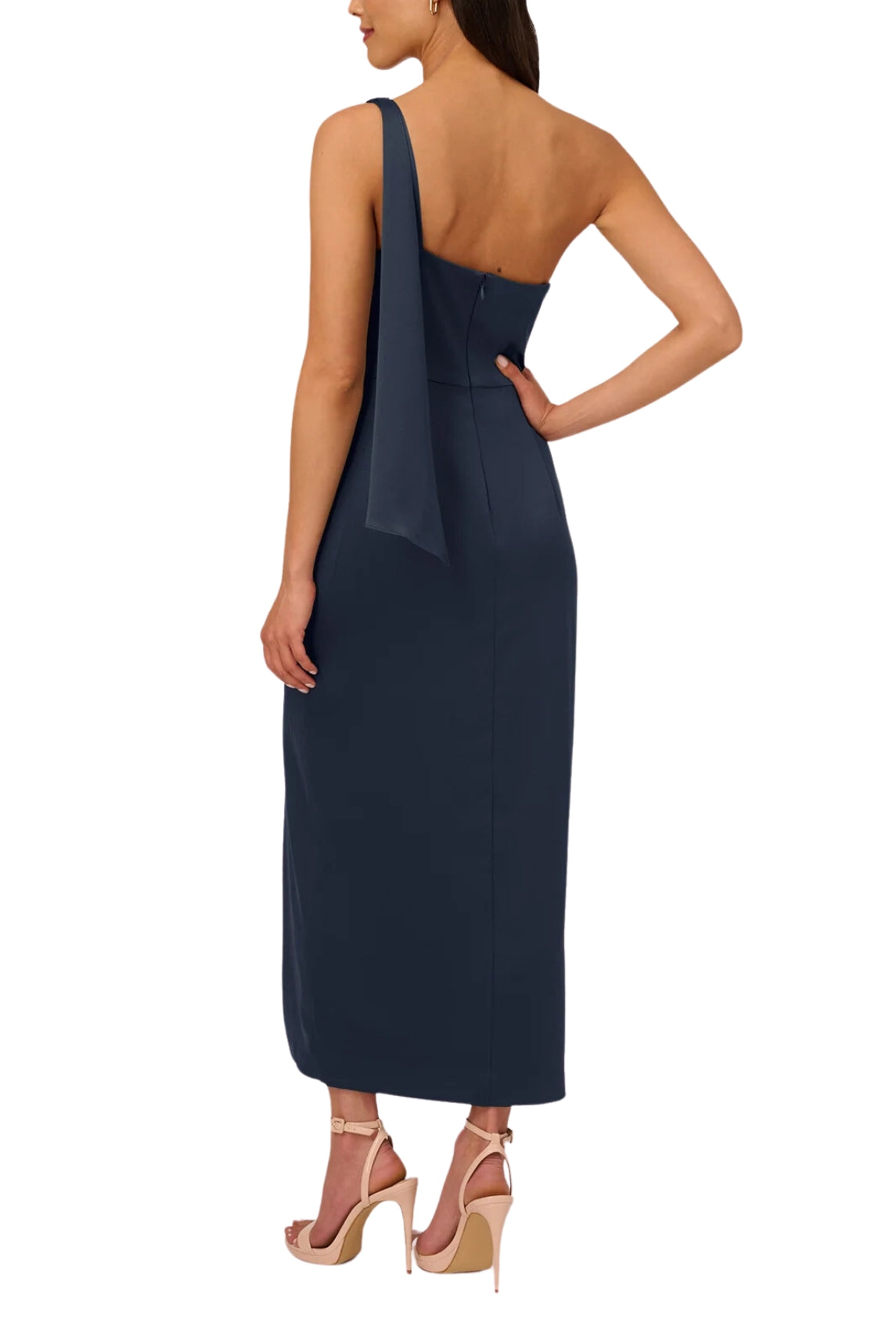 Adrianna Papell Asymmetrical Neck One Shoulder Pleated Bodice Metal Ring Accent Slit Side Satin Crepe Gown | Available at Curated Brands in Los Angeles Adrianna Papell Asymmetrical Neck One Shoulder Pleated Bodice Metal Ring Accent Slit Side Satin Crepe Gown | Available at Curated Brands in Los Angeles