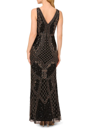 Adrianna Papell V-neck Sleeveless Zipper Closure Mermaid Beaded Mesh Gown - BLACK GOLD - Back