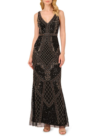 Adrianna Papell V-neck Sleeveless Zipper Closure Mermaid Beaded Mesh Gown - BLACK GOLD - Front 