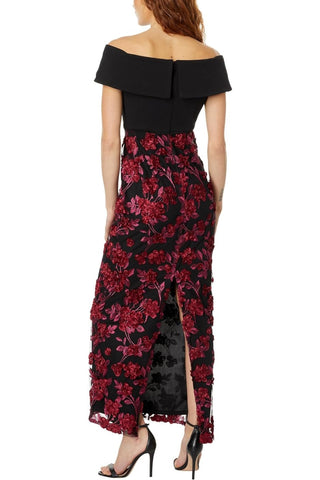 Adrianna Papell Embroidered Off-the-Shoulder Short Sleeve Bodice Gown - Black Red - Back