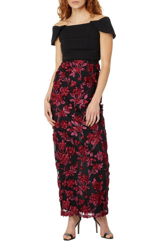 Adrianna Papell Embroidered Off-the-Shoulder Short Sleeve Bodice Gown - Black Red - Front