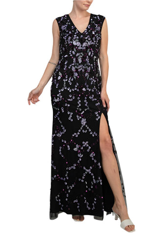 Adrianna Papell Beaded V Neck Cap Sleeve Front Slit Gown