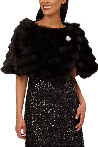 Adrianna Papell Stone Broach Faux Fur - Black - Front