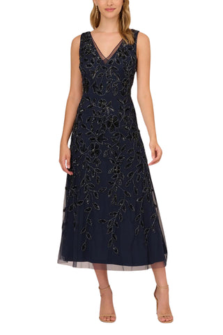 Adrianna Papell Embellished V-Neck Dress - NAVY - Front 