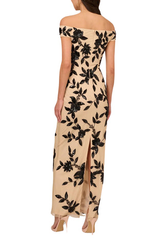 Adrianna Papell Beaded Floral Mesh Off-the-Shoulder Cap Sleeve Sheath Gown - Black Nude - Back 