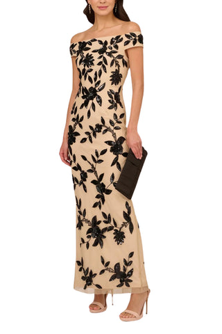 Adrianna Papell Beaded Floral Mesh Off-the-Shoulder Cap Sleeve Sheath Gown - Black Nude -  Side