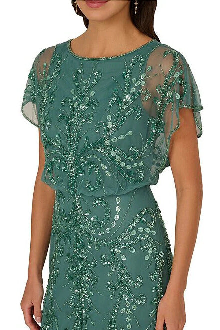 Adrianna Papell Beaded Mesh Boat Neck Flutter Sleeves Back Zipper Closure Blouson Silhouette Dress | Available at Curated Brands in Los Angeles Adrianna Papell Beaded Mesh Boat Neck Flutter Sleeves Back Zipper Closure Blouson Silhouette Dress | Available at Curated Brands in Los Angeles