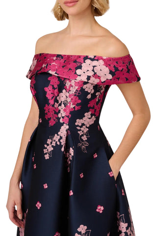 Adrianna Papell Floral Jacquard With Off The Shoulder Neckline Dress - NAVY PINK MULTI - Neckline