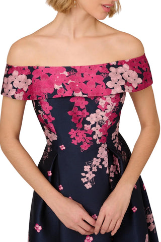 Adrianna Papell Floral Jacquard With Off The Shoulder Neckline Dress - NAVY PINK MULTI - Detailed view