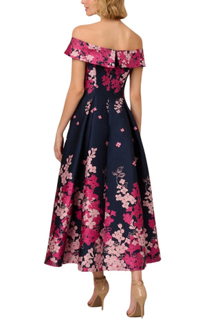 Adrianna Papell Floral Jacquard With Off The Shoulder Neckline Dress - NAVY PINK MULTI - Back