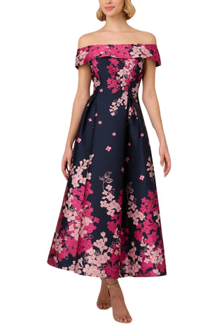 Adrianna Papell Floral Jacquard With Off The Shoulder Neckline Dress - NAVY PINK MULTI - Front 