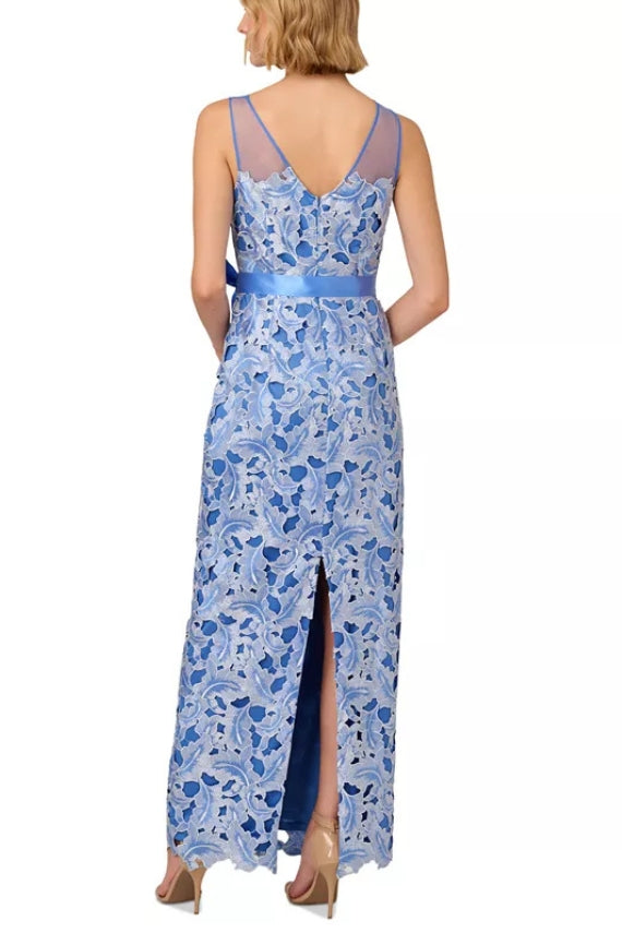 Adrianna Papell Boat Neckline Sleeveless Ribbon Tie Tonal Lace Sheath Silhouette Dress Adrianna Papell Boat Neckline Sleeveless Ribbon Tie Tonal Lace Sheath Silhouette Dress