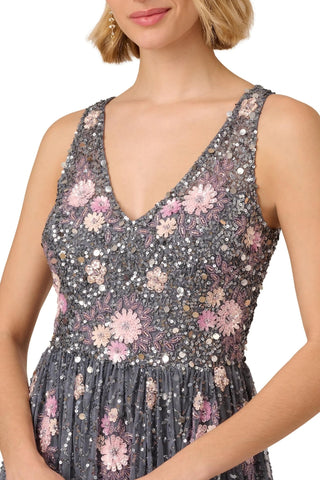 Adrianna Papell Beaded Mesh Dress - DUSTY BLUE MULTI - Neckline