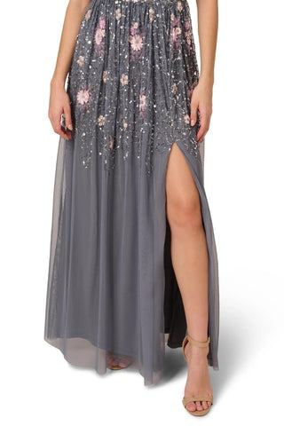 Adrianna Papell Beaded Mesh Dress - DUSTY BLUE MULTI - Front slit