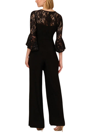 Adrianna Papell Jersey Lace Crew Neck Elbow Sleeve Ruffle Cuff Straight Leg Jumpsuit - BLACK - Back 