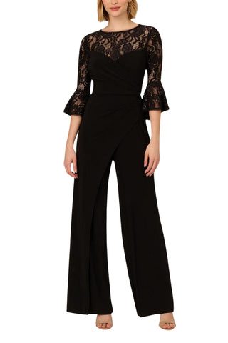 Adrianna Papell Jersey Lace Crew Neck Elbow Sleeve Ruffle Cuff Straight Leg Jumpsuit - BLACK - Front 