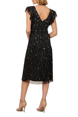 Adrianna Papell Beaded Mesh Surplice V-Neck Flutter Sleeve Dress- BLACK GUNMETAL - Back