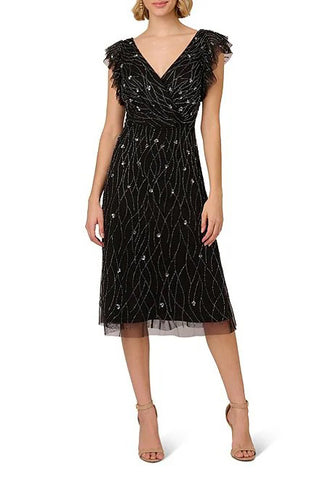 Adrianna Papell Beaded Mesh Surplice V-Neck Flutter Sleeve Dress- BLACK GUNMETAL - Front