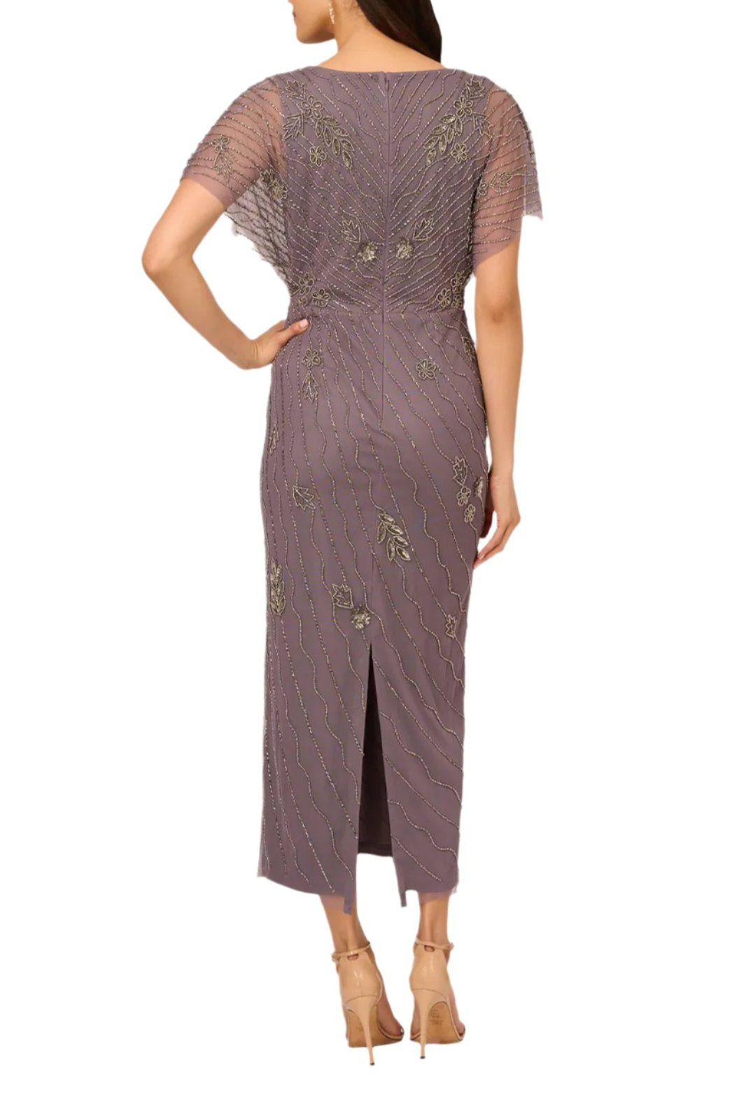 Adrianna Papell Beaded Ankle Length Dress With Sheer Flutter Sleeves Dress | Available at Curated Brands in Los Angeles Adrianna Papell Beaded Ankle Length Dress With Sheer Flutter Sleeves Dress | Available at Curated Brands in Los Angeles