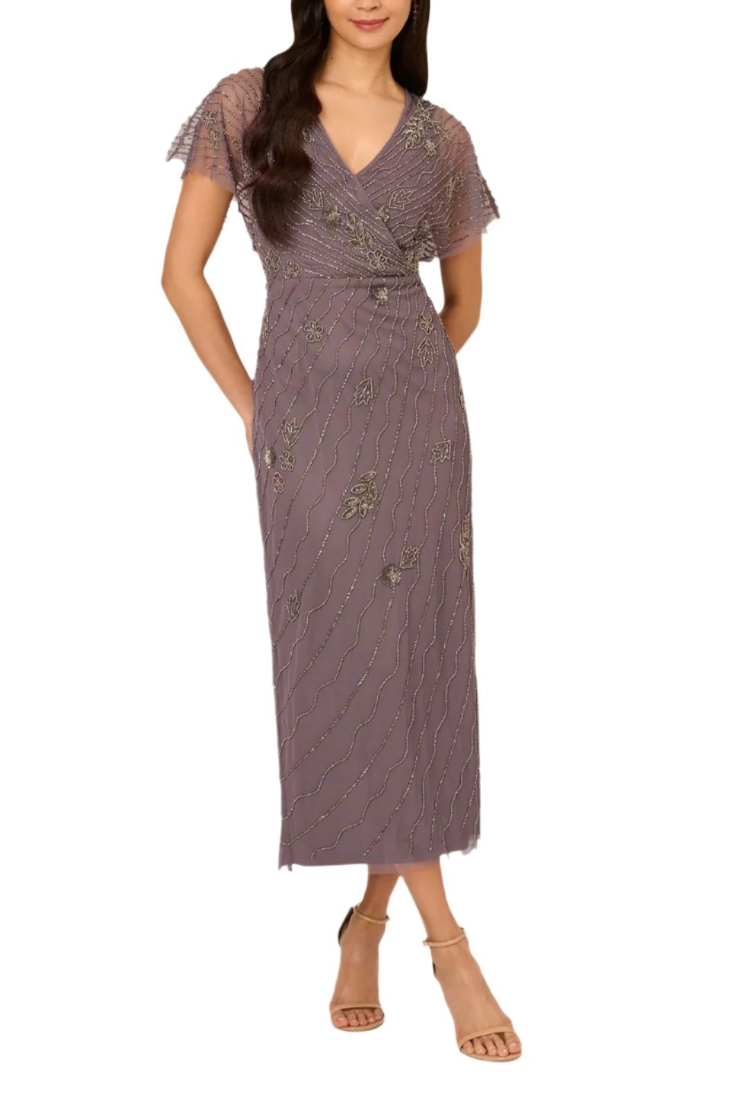 Adrianna Papell Beaded Ankle Length Dress With Sheer Flutter Sleeves Dress Adrianna Papell Beaded Ankle Length Dress With Sheer Flutter Sleeves Dress