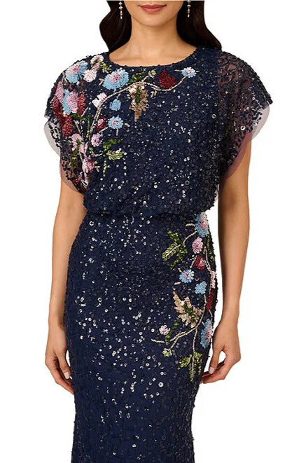 Adrianna Papell Floral Beaded Boat Neckline Sheer Short Dolman Sleeves Blouson Bodice Mermaid Gown Dress (Plus Size) Adrianna Papell Floral Beaded Boat Neckline Sheer Short Dolman Sleeves Blouson Bodice Mermaid Gown Dress (Plus Size)