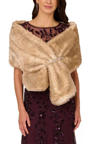 Adrianna Papell Embellished Faux Fur Wrap - CHAMPAGNE - Front