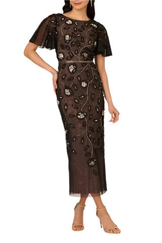 Adrianna Papell Beaded Knit Mesh Sequin Column Waist With Belt-Style Beading Dress