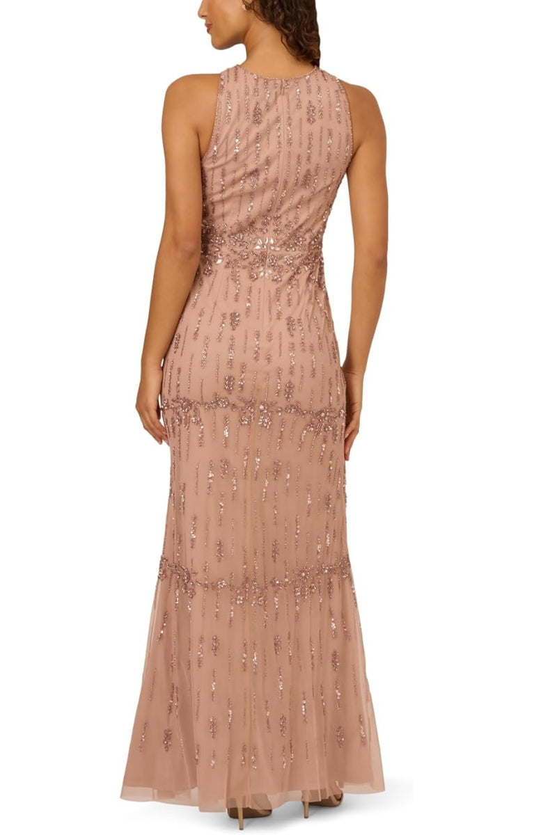 Adrianna Papell Beaded Mesh Overlay Cross-Front Halter Neckline Sleeve Curated Brands Adrianna Papell Beaded Mesh Overlay Cross-Front Halter Neckline Sleeve Curated Brands