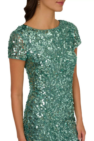 Adrianna Papell Sequin Embellishment Crew Neck Scoop Back Neckline Short Sleeves Slim Column Silhouette Maxi Gown Dress